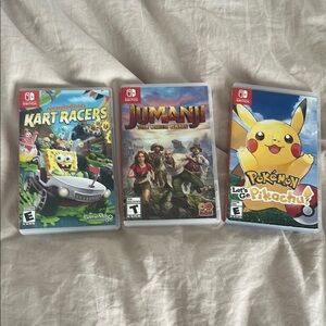 3 Nintendo switch games- Pokémon Pikachu - Jumanji- Kart racers